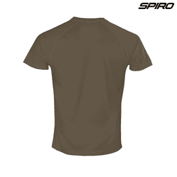 A green performance t-shirt with a logo, featuring a simple design and short sleeves.