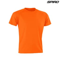 An orange, short-sleeve T-shirt featuring a logo, designed for adult performance.