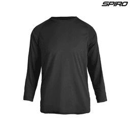 A black long-sleeve shirt with a raglan design and a logo on the upper right corner.