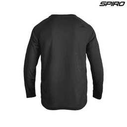 A black long-sleeve shirt with a simple design and a logo at the top.