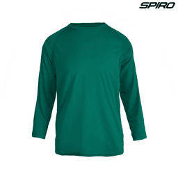 A green long-sleeve shirt with a raglan design and a logo on the top right.