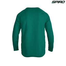 A long sleeve shirt in green with a seamless back design and a logo in the upper corner.