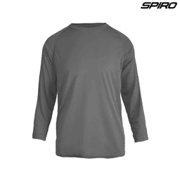 A long-sleeve shirt in grey with a round neckline and raglan sleeves, featuring a brand logo.
