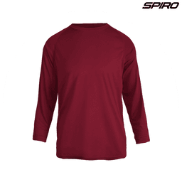 A maroon long-sleeve shirt with a raglan style and a logo on the upper right corner.