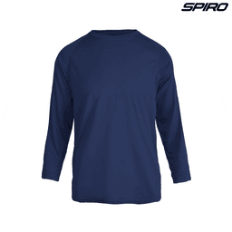A long-sleeve, navy blue performance shirt with a logo on the upper side.