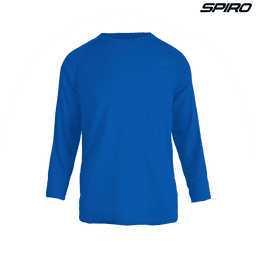 A blue long-sleeve shirt with a round neckline and a logo, featuring a performance fabric design.
