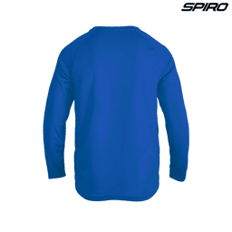 A blue long-sleeve shirt with a logo, featuring a smooth, performance fabric and raglan sleeves.