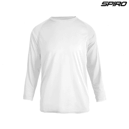 A white long-sleeve shirt with a raglan design, featuring a logo on the top right.
