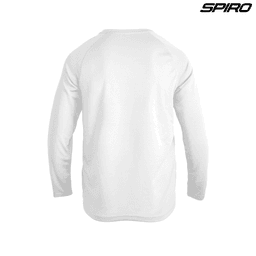 A white long-sleeve shirt with a lightweight design and a logo on the upper corner.