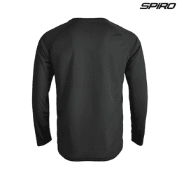 A black long-sleeve shirt with a fitted design. The back features a logo at the top.