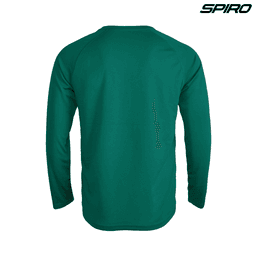 A long-sleeve shirt in green with a crew neck and a logo on the upper right.