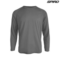 A long-sleeve performance shirt in grey with a raglan sleeve design and a logo.