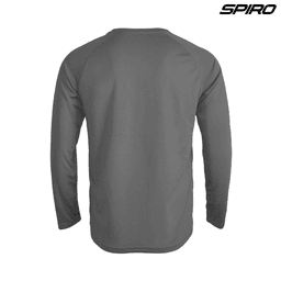 A grey long-sleeve shirt with a raglan design and a logo on the upper right.