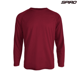 A long-sleeve shirt in deep red, featuring a raglan design and a logo on the top right.
