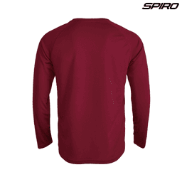 A maroon long-sleeve shirt with a rounded neckline and raglan sleeves, featuring a logo.