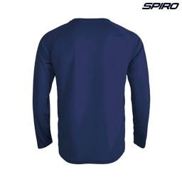 Navy long-sleeve shirt with a round neckline and raglan sleeves, featuring a logo.