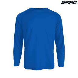 A long-sleeve shirt in vibrant blue, featuring a logo and a simple design.