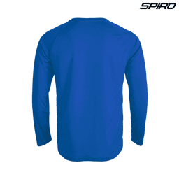 A blue long sleeve performance shirt with a logo on the upper side.