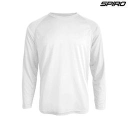 A white long-sleeve shirt with raglan sleeves, featuring a logo.