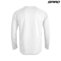 A white longsleeve shirt with a raglan design and a logo on the upper right corner.