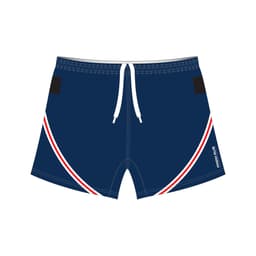 Navy sports shorts featuring red and white design elements and a logo, with an adjustable drawstring waistband.