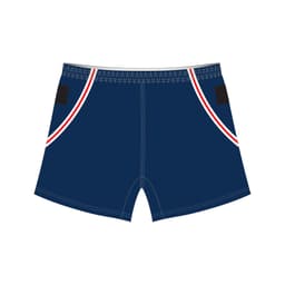 Navy sports shorts featuring red and white detailing and black pockets, with a logo on the waistband.