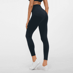 A model wearing black high-rise training full tights with a sleek design and a logo on the waistband.