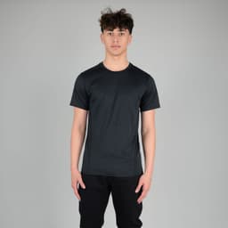 A black adult tech tee with a relaxed fit, featuring a logo, displayed on a model against a grey background.
