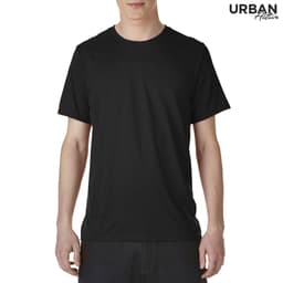 A black adult tech tee featuring a crew neck design and short sleeves, with a logo on the upper right.