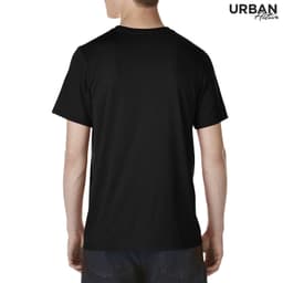 A black adult tech tee shirt displayed from the back, featuring a logo on the upper side.