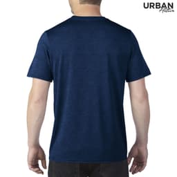 A navy blue adult tech tee with a plain back and short sleeves, featuring a logo on the upper right.