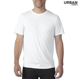 A white, short-sleeved men's tech t-shirt with a fitted design and a logo on the upper right.