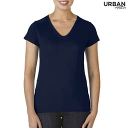 A navy blue ladies' t-shirt with a v-neck and short sleeves, featuring a logo.