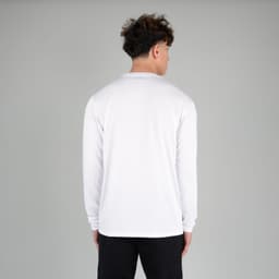 A white long sleeve adult tee with a plain back, featuring a logo at the neck area.