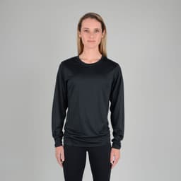A long sleeve adult tee in black, featuring a subtle logo, with a fitted design. Ideal for active wear.