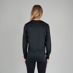 A woman wearing a black long sleeve performance tee, viewed from the back. The shirt has a logo.