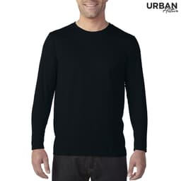 A long sleeve adult tee in black, featuring a logo, displayed on a model.
