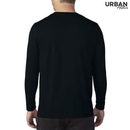 A long sleeve adult tee in black, featuring a simple design with a logo on the front.