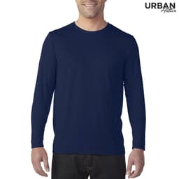 A long sleeve adult tee in navy blue, featuring a logo on the upper right.