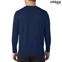 A men's long sleeve t-shirt in navy blue, featuring a logo on the back.