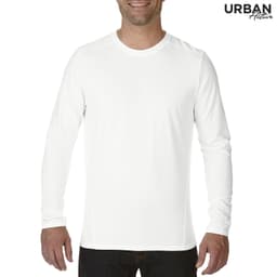 A white long sleeve tee from Urban Active, featuring a round neckline and a logo on the upper corner.