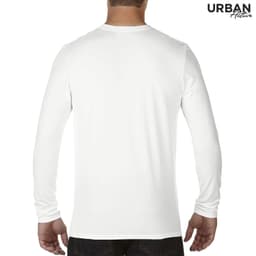 A white long sleeve adult tee with a plain back and a logo on the upper left corner.