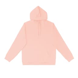 A pink hoodie featuring a front pocket and a hood, with branding visible.