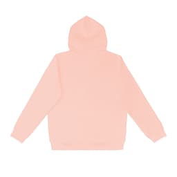 A peach-coloured hoodie with a hood and long sleeves, featuring a logo on the back.
