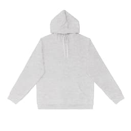 A grey hoodie with a hood, long sleeves, and a front pocket, featuring a logo on the fabric.