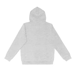 A grey hoodie with a hood and long sleeves, featuring a branding logo on the back.