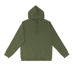 A green hoodie with a front pocket and a hood, featuring a logo.
