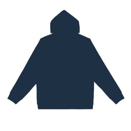 A dark navy hoodie featuring a hood and long sleeves, with an attached logo.
