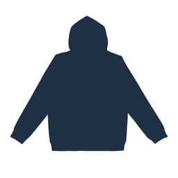 A navy hoodie featuring a hood and long sleeves. The design includes a logo on the front.