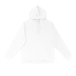 A white hoodie with a front pocket and a drawstring hood, featuring a logo on it.